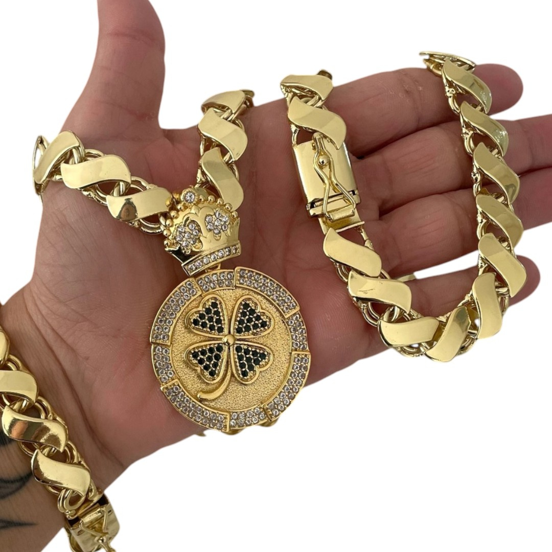 15355453888 Kit Corrente 13Mm Friso S Dupla Face Fecho Gaveta Pulseira Pingente Medalha Trevo Cravejado