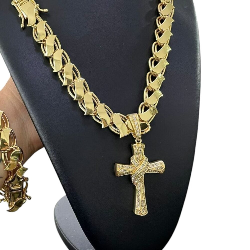 Kit Dubai S 13Mm + Cruz Maciço Cravejada Banhado A Ouro - Imagem 2