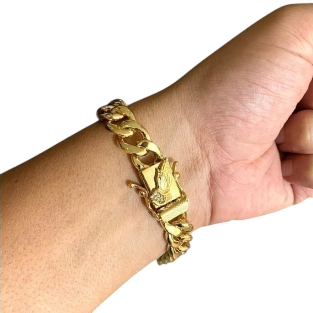 Pulseira Pit Bull 13Mm Mão Oração Banhado A Ouro 18K - Imagem 4