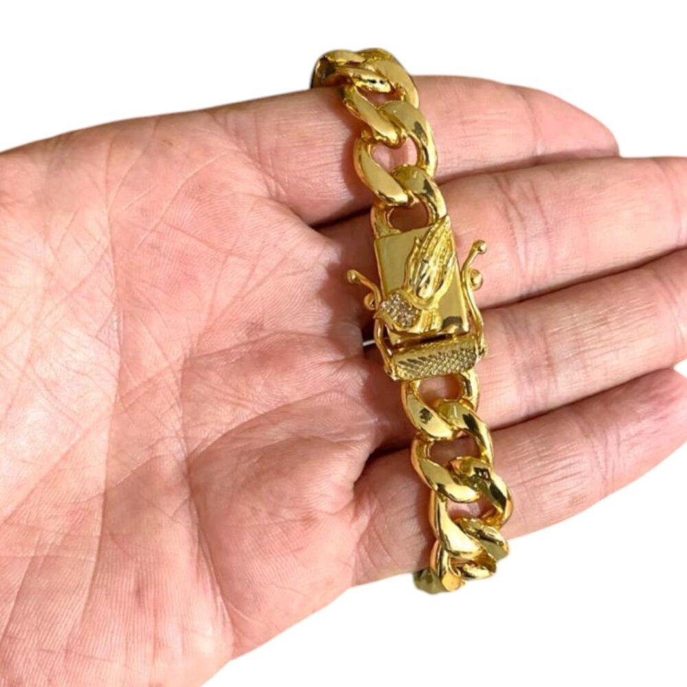 Pulseira Pit Bull 13Mm Mão Oração Banhado A Ouro 18K - Imagem 2