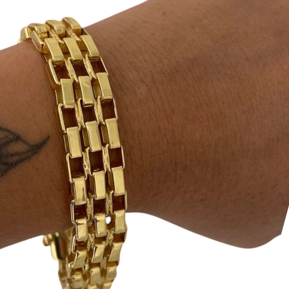 Pulseira Tijolinho Triplo 15Mm Banhado A Ouro 18K 750 - Imagem 3
