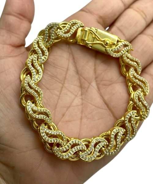 Pulseira Friso S 12mm Cravejada Pedras Brilhantes Ouro 18K