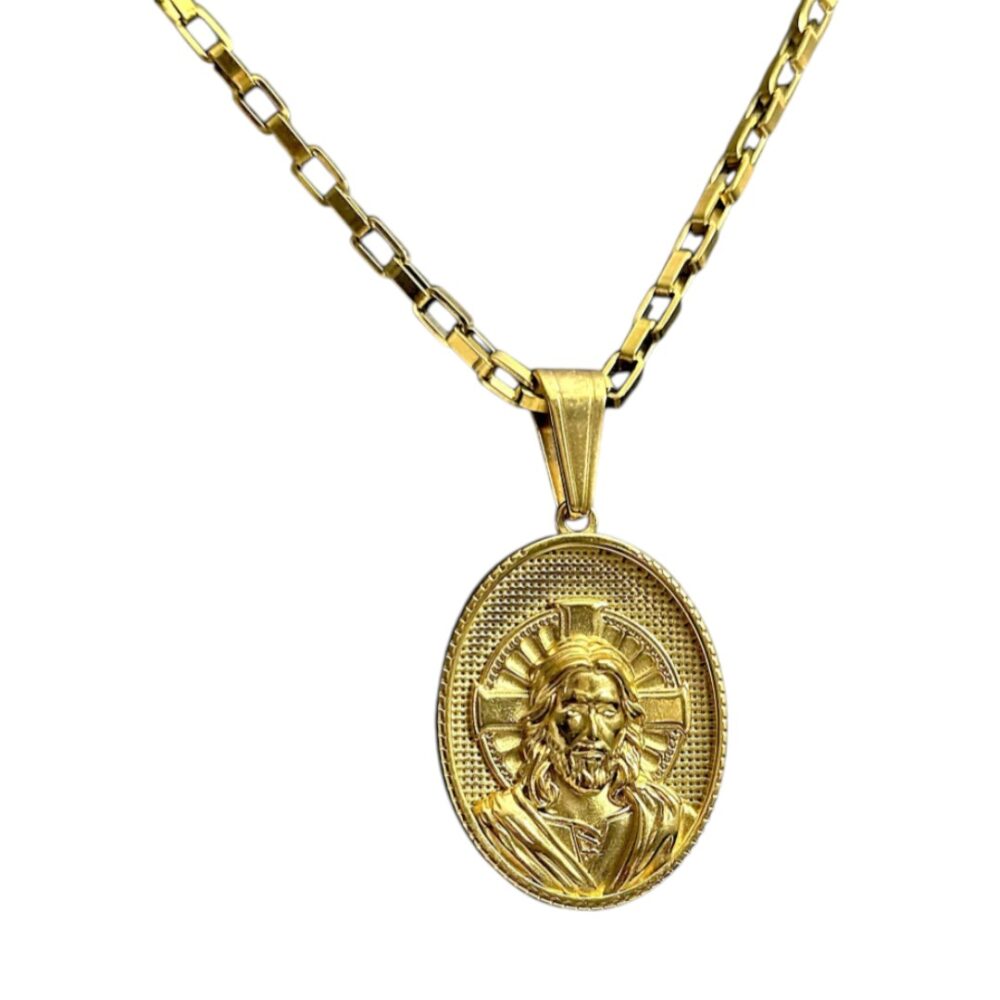 Cordão 3.0 Tijolinho + Pingente Cristo Oval - Banhado A Ouro - Imagem 2