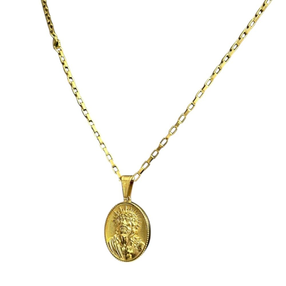 Cordão 3Mm Tijolinho + Pingente Cristo Placa Banhado A Ouro - Imagem 2