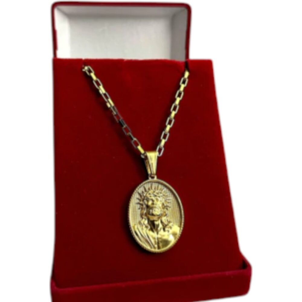 Cordão 3Mm Tijolinho + Pingente Cristo Placa Banhado A Ouro