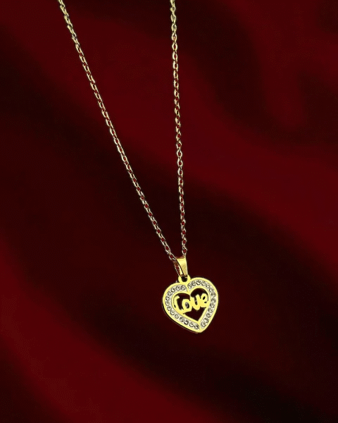 Cordão Feminino 1mm + Pingente Coração Love - Banhado a Ouro