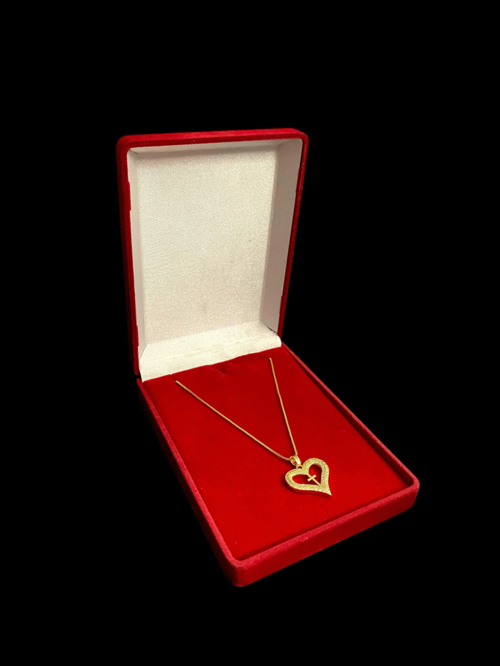 Cordão Feminino 1Mm Coração Cruz Cravejado - Banhado A Ouro