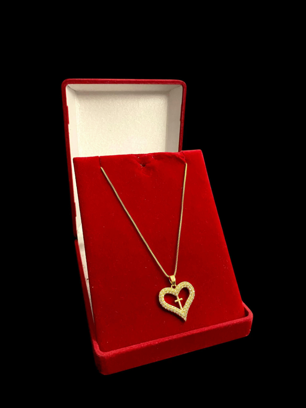 Cordão Feminino 1Mm Coração Cruz Cravejado - Banhado A Ouro - Imagem 3