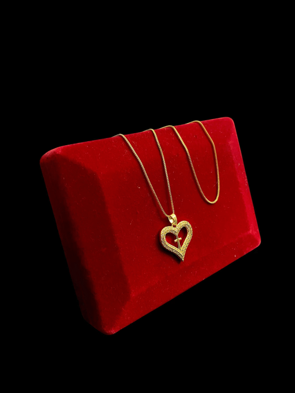 Cordão Feminino 1Mm Coração Cruz Cravejado - Banhado A Ouro - Imagem 5
